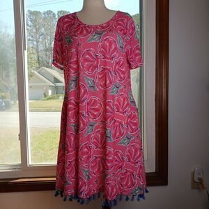Simply Southern Seashells Dress Tunic Cover Up Size L Pink Tassle Detail Stretch